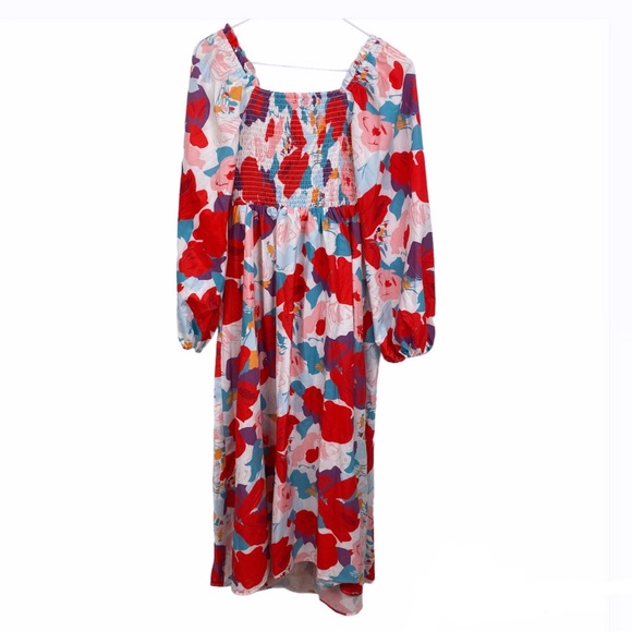 Floral Print Shirred Bishop Sleeve Square Neck A-Line Dress - Picture 3 of 7